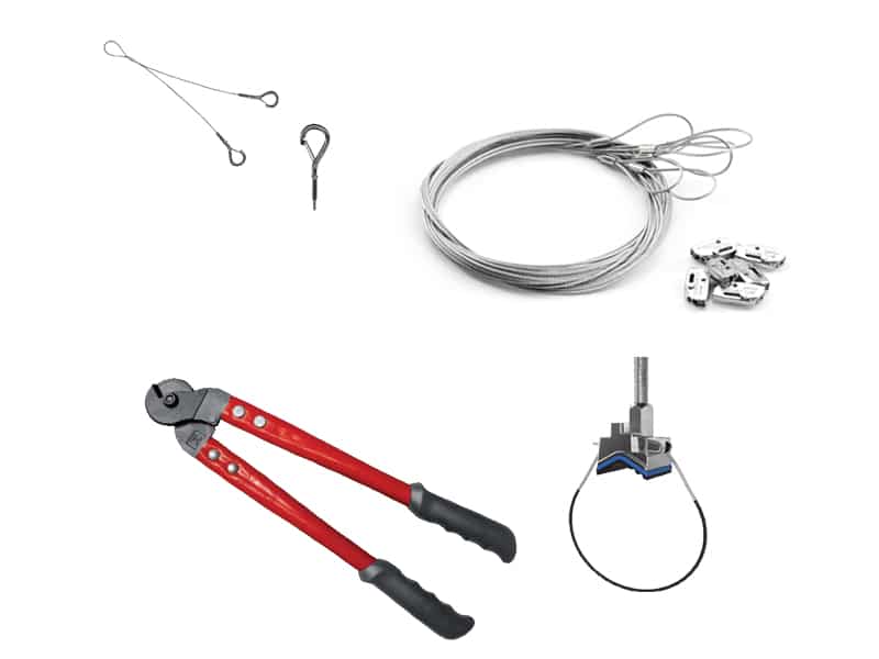 Accessoires de suspension : pince coupe-câble, câble en acier, galet